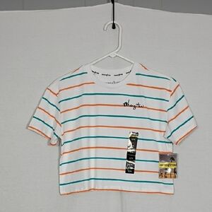 NWT Hang Ten Coral/Blue Stripe Short Sleeve Drop Shoulder Boxy Crop Tee Sz Lg 14